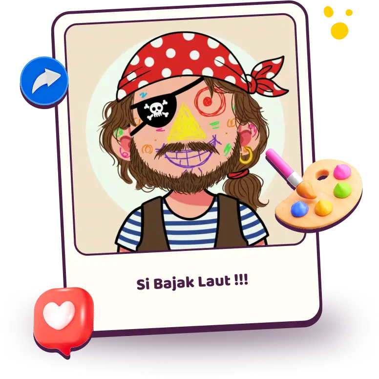 Contoh sketsa wajah ceria bertema bajak laut.